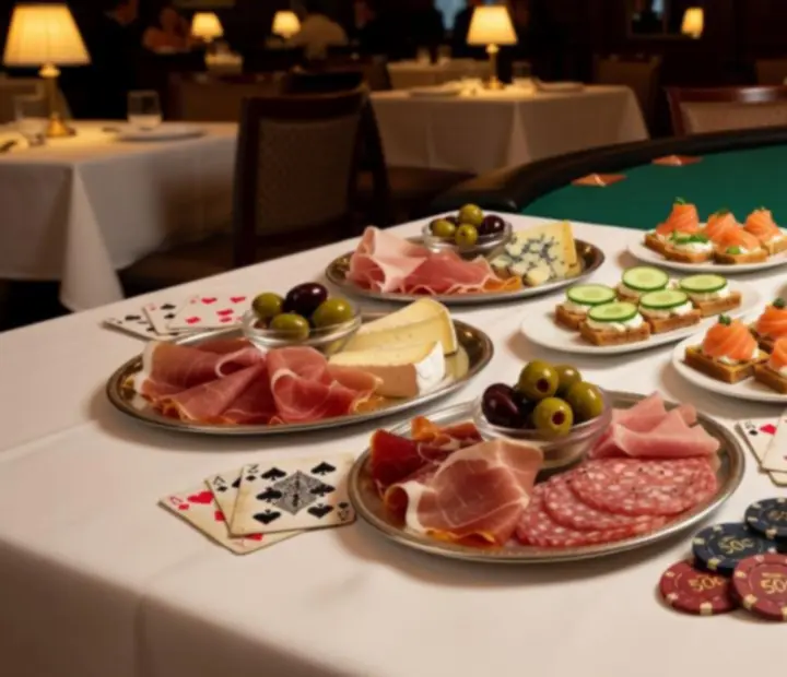 Malé slané chuťovky a mísy pro sdílení servírované během casino večera v restauraci Starý Stůl