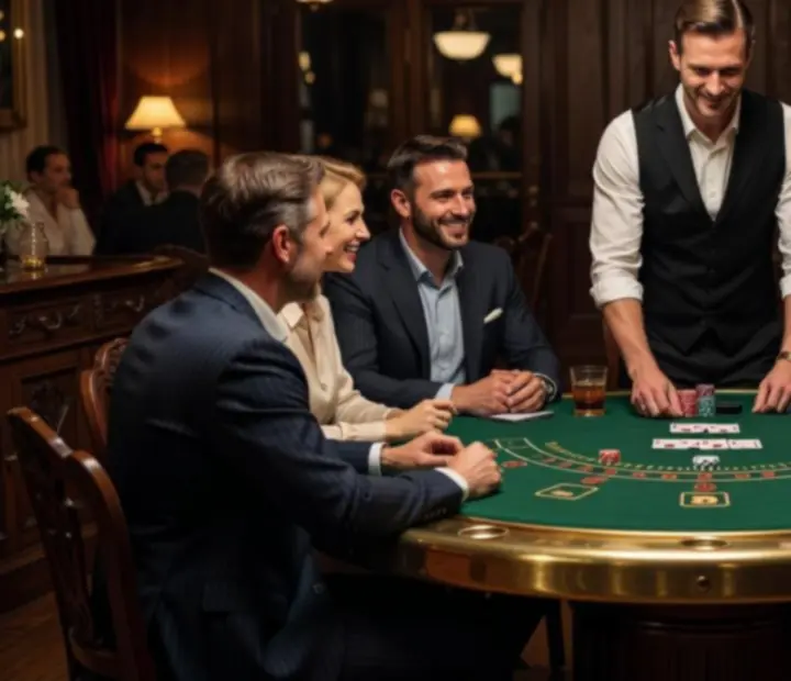 Elegantní casino salon Starý Stůl s ruletou, pokerovým stolem a hosty v podvečerním světle