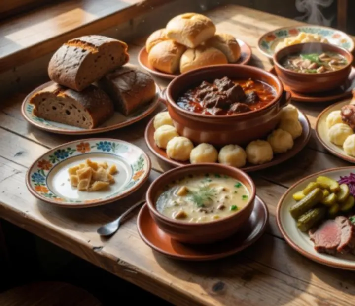 Rustikální stůl s výběrem českých jídel v restauraci Starý Stůl