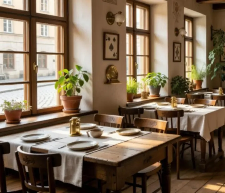 Rustikálně-moderní jídelna restaurace Starý Stůl s dubovými stoly a světlem pronikajícím z oken do salonní části