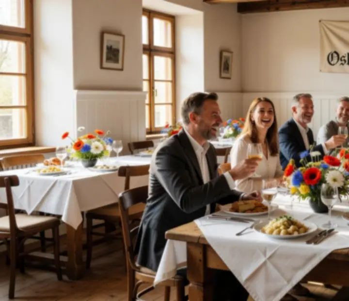 Slavnostní tabule v restauraci Starý Stůl se světlem zalitými dřevěnými stoly