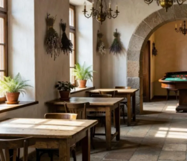 Prosluněný interiér české restaurace Starý Stůl s dřevěnými stoly a ruletovým stolem v salonku