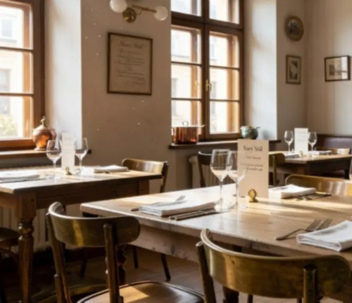 Interiér české restaurace Starý Stůl s dřevěnými stoly a ruletovým stolem v pozadí