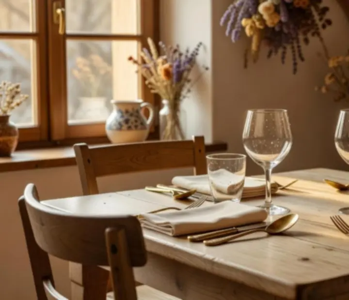 Dubový stůl v teplém světle s lněnými ubrusy v restauraci Starý Stůl